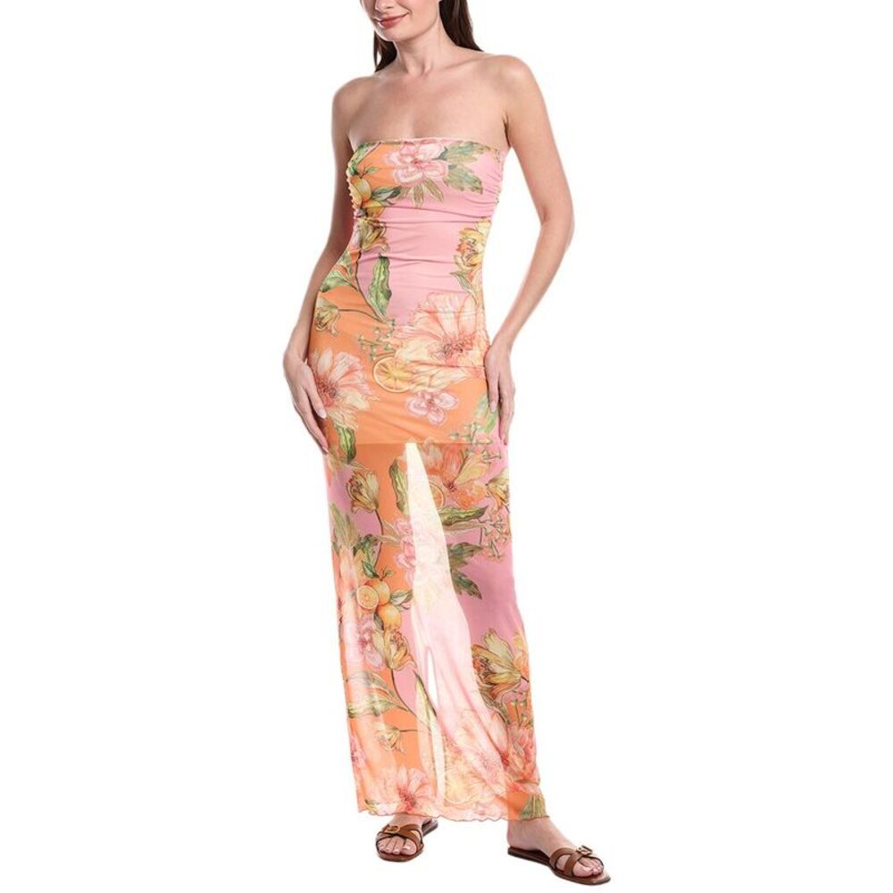 PQ Swim Pink and Orange Floral Strapless Swim Coverup Maxi